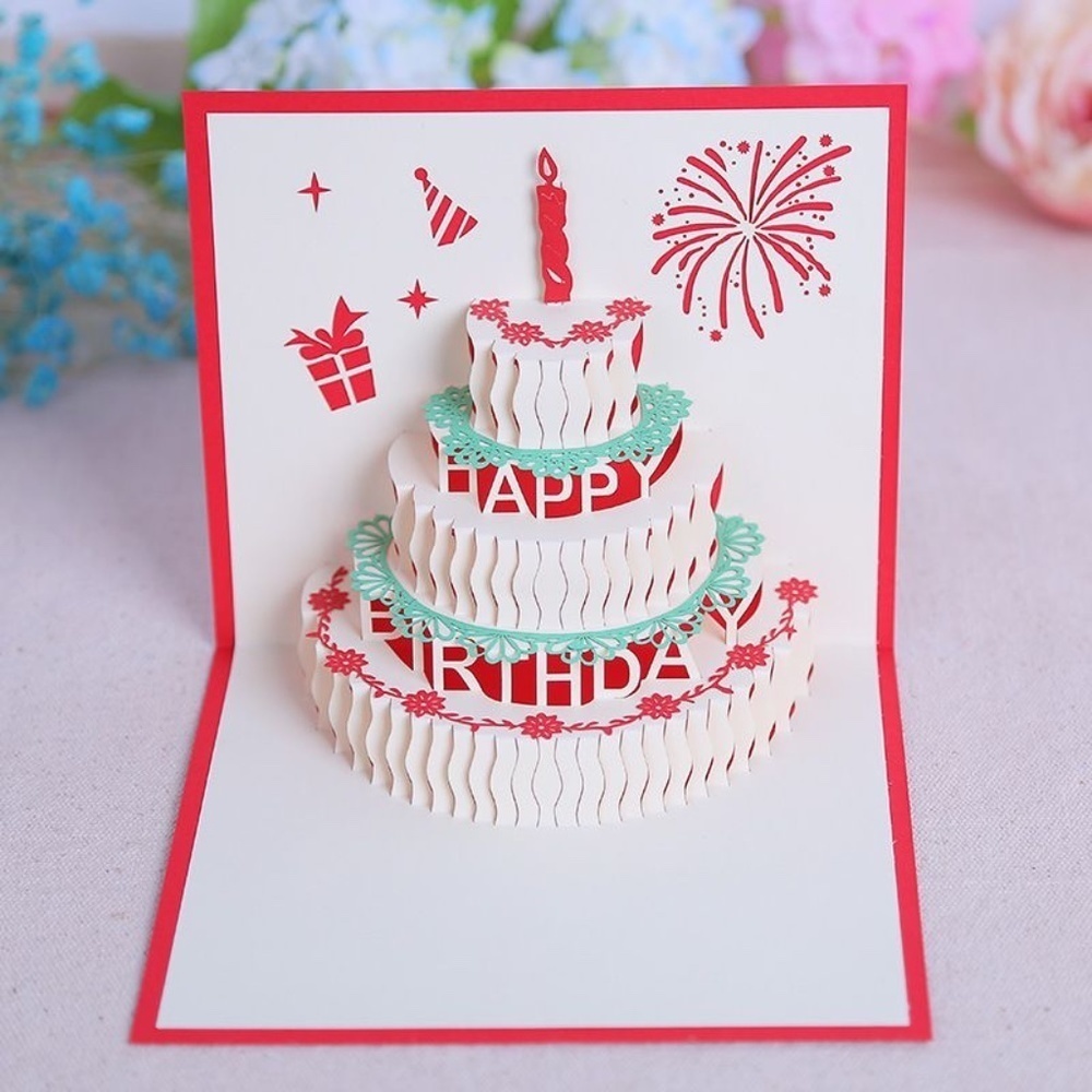 *BIRTHDAY* Red 3D Cake Greeting Card w/ Envelope
